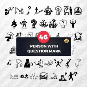 Puede incluir: Una colección de 46 ilustraciones en blanco y negro que representan a personas con signos de interrogación. Las imágenes muestran varios escenarios, incluyendo una persona pescando, una persona con capa y una persona sosteniendo un letrero. Se muestra el texto "PERSON WITH QUESTION MARK".