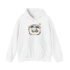 May include: White hooded sweatshirt with a front pocket. The sweatshirt features a graphic of a sleeping owl wearing a hat on a pillow, with the text "DREAM TEAM MEMBER" above the owl.