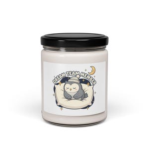 May include: A white candle jar with a black lid. The label features a cartoon owl wearing a hat, sleeping on a pillow, with the text "DREAM TEAM MEMBER" and a crescent moon and stars.