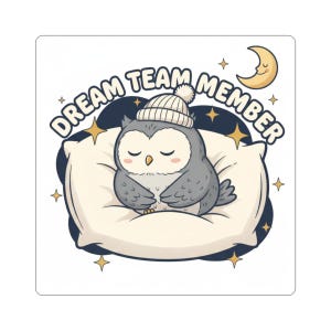 May include: A square sticker featuring a cartoon owl wearing a knit cap, sleeping on a pillow. The text "DREAM TEAM MEMBER" arches above the owl, with a crescent moon and stars in the background. The owl is gray and white.
