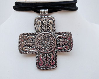 Swiss Cross Pendant on Suede Choker  Necklace with Pewter Bead Accents -  Choice of Black, Red, Brown Suede