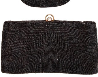 Vintage Walborg Black Glass Beaded Evening Bag and Coin Purse - Matching Set of Two - Made in Belgium