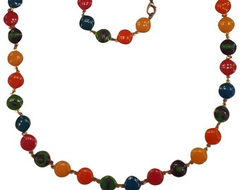 Colorful Enamel Disc Necklace - Yellow, Orange, Deep Pink, Blue, Green, Purple Round Discs - 26" Length