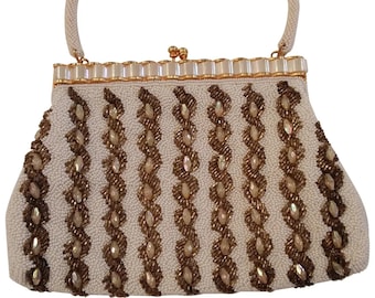 Vintage Gold and White Glass Beaded Purse - Beaded Evening Bag  - Handbag - Made in Hong Kong