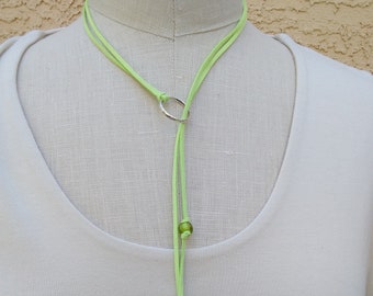 Lime Green Faux Suede Lariat Choker Necklace with Sterling Silver Ring and Glass Bead Accents - Vegan Lariat Boho Chic Necklace