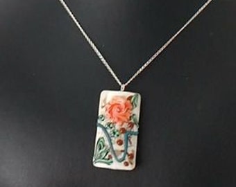 Orange & White Floral Lampwork Bead Pendant Necklace on Twenty Inch Sterling Silver Chain