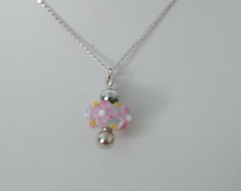 Delicate Lampwork Floral Glass Pendant Necklace with Sterling Silver Chain