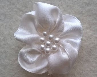 White Silk Satin Ribbon Flower on Silverplated Bobby Pin or Hair Clip - Bridal, Wedding, Bridesmaid, Prom, Quinceanera  -  Hair Accessory