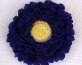 Dark Purple Cashmere Flower Brooch with Yellow Wool Felt Center - Silverplated Pinback - 3" Diameter Fall Winter  Brooch