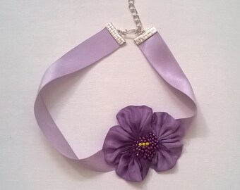 Purple 100% Silk Choker - Genuine Silk Ribbon with Silk Fabric Pansy Flower - Bridal, Bridesmaid, Wedding, Prom, Pageant Choker Necklace