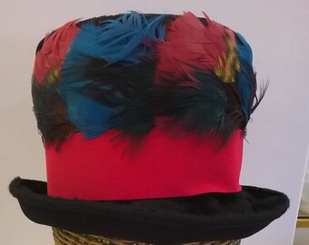 Furry Black Wool Felt Hat - Vintage Mr. Josephs Hat with Red Velveteen Ribbon and Colorful Feather Trim - 1950s Chapeau