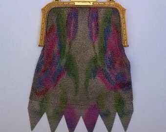 Whiting and Davis Dresden Mesh Evening Bag - Vintage 1920s Art Deco Flapper Baby Mesh Purse with Silk Lining and Original Box