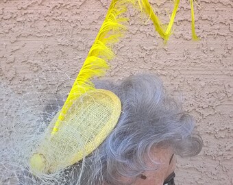 Yellow Fascinator with Long Yellow Pheasant Feather and Vintage Schiaparelli Accent - Head Piece Hair Accessory Bridesmaid Races Hat