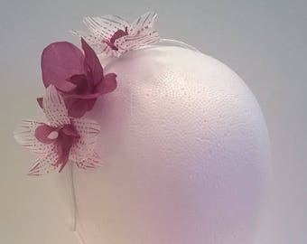Silk Orchid Headband - 3 White and Magenta Pink Tropical Flowers on White Silk Satin Wrapped Headband - Bridesmaid, Beach Wedding, Prom