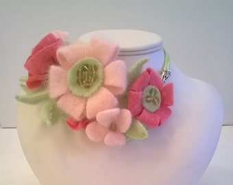 Pink Angora and Cashmere Floral Statement Choker Necklace with Green Cashmere Leaves and Sterling Silver Cones and Hook