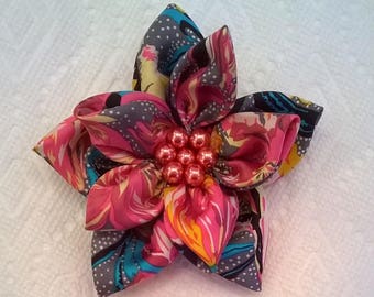 Colorful Silk Print Flower Brooch with Glass Pearl Center - Large 4 1/4 Inch Diameter Flower Brooch