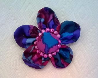 Purple, Turquoise, and Blue Silk Charmeuse Flower with Mauve Freshwater Pearls Surrounding Center - Brooch, Hair Clip, or Both (Convertible)