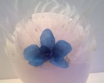 Blue Silk Orchid and White Feathers Fascinator - Wedding, Bridal, Bridesmai, Prom, Pageant, Party, Races  Hair Comb