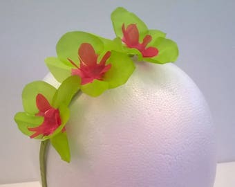 Silk Orchid Headband - 3 Lime Green and Hot Pink Tropical Flowers on Green Silk Satin Wrapped Headband - Bridesmaid, Beach Wedding, Prom