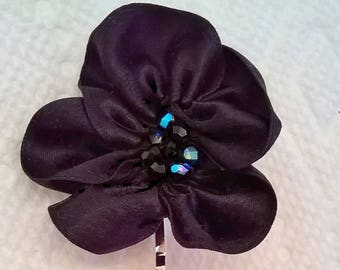 Black Silk Satin Ribbon Flower on Silverplated Bobby Pin or Alligator HairClip - Wedding, Bridesmaid, Prom, Quinceanera  -  Hair Accessory