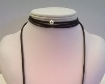 Black Suede Choker Lariat Necklace with Sterling Silver Bead Accents