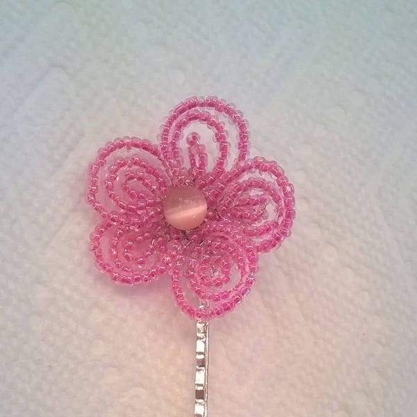 Candy Pink French Beaded Flower on Silverplated Bobby Pin - Hair Grip - Wedding, Bridesmaid, Prom