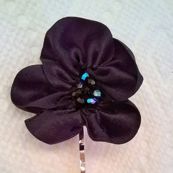 Black Silk Satin Ribbon Flower on Silverplated Bobby Pin or Alligator HairClip - Wedding, Bridesmaid, Prom, Quinceanera  -  Hair Accessory