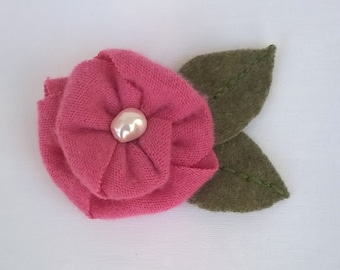 Pink Cashmere Flower Brooch with Glass Baroque Pearl Center Bead and Wool Leaves - Silverplated Pinback - 3" Diameter, 4 1/2" Long Brooch