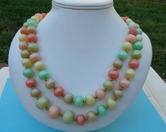 Vintage Pastel Beads Necklace in Sherbert Colors of Peach, Lime Green , Lemon Yellow, and Coral - Colorful Spring Summer Necklace