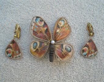 Vintage Set of Wire Thread Wrapped Butterfly Brooch and Drop Earrings - Made in West Germany - Brooch Pin Earrings Jewelry Set