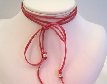 Red Suede Choker Lariat Necklace - Choice of Gold-Plated Brass Bead Accents or Sterling Silver Bead Accents