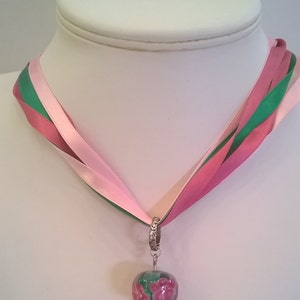 Pink & Green Glass Lampwork Floral Focal Pendant -  100% Silk Ribbon with Sterling Silver Cones and Clasp - OOAK Focal Bead Pendant Necklace