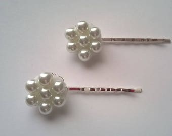 White Glass Pearl Bobby Pins - One Pair - Silverplated Bobby Pins -  Wedding, Bridesmaid, Prom, Quinceanera  - OOAK Hair Accessory