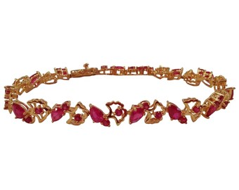 Pink Ruby Narrow Bracelet in Gift (or Storage) Box - Dainty Sterling Silver Bracelet with Gold Plating