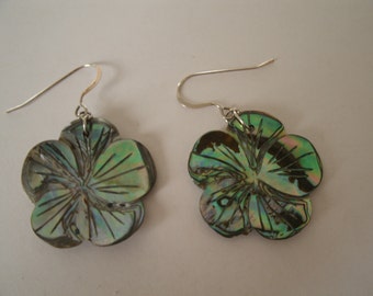 Carved Rainbow Abalone Shell Flower Sterling Silver Earrings - Paua Earrings