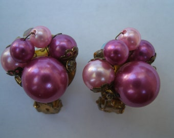 Vintage Deep Pink Raspberry Colored Bead Earrings - Made in Japan - 1950s Vintage Clip Earrings