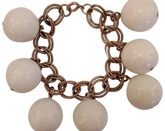 White Glass Dangling Balls on Gold Tone Chain Vintage Bracelet