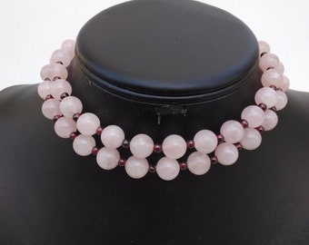 Rose Quartz with Garnet Spacers Bead Necklace - Vintage 1990s 28-Inch Long Necklace