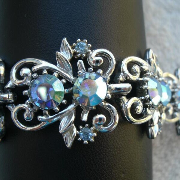 Vintage Coro Silver Bracelet with Blue Iridescent Rhinestones - Party or Prom Bracelet