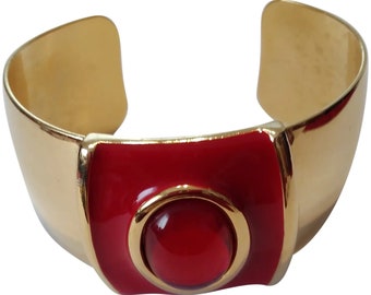 Vintage Napier Gold Tone Cuff Bracelet with Dark Red Enameling and a Large Center Dark Red Glass Cabachon
