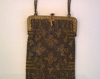 Antique Cut Steel Bead Evening Bag - Early 1900s Edwardian Gold, Silver, Bronze Fringed Purse