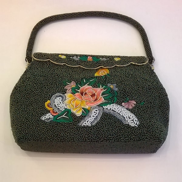 Vintage Beaded and Embroidered Dark Green Purse - Iridescent Beaded Evening Bag