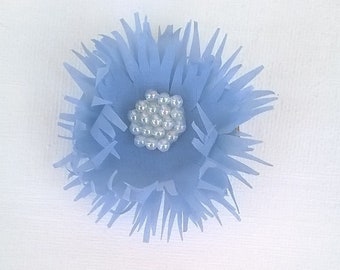 Blue Silk Flower Hair Clip with Iridescent Beads Center - Silverplated Pinback - Genuine Silk Floral Bachelor's Button (Cornflower)