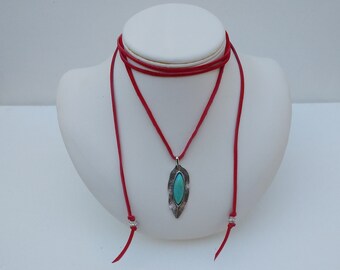 Feather Pendant on Suede Choker  Necklace with Pewter Bead Accents - Silver & Turquoise Color Feather - Choice of Black, Red, Brown Suede