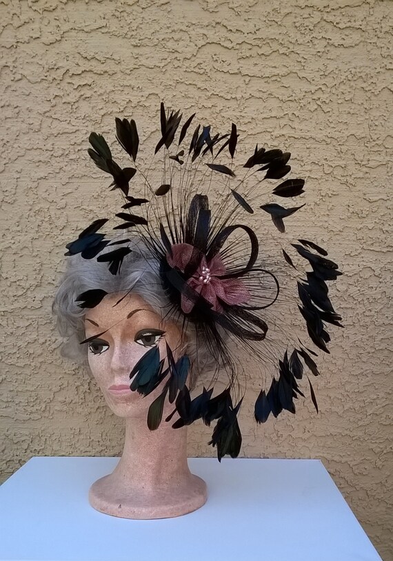 Black Iridescent Coque Feather Fascinator with Pink Sinamay Flower, Sinamay Loops, Freshwater Pearls - Races Special Occasion Hat