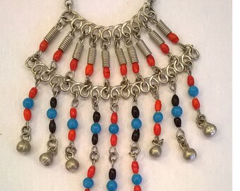 Vintage Boho Chic Necklace - Turquoise, Orange and Black Beads with Metal Coils, Clappers - 1970s Necklace