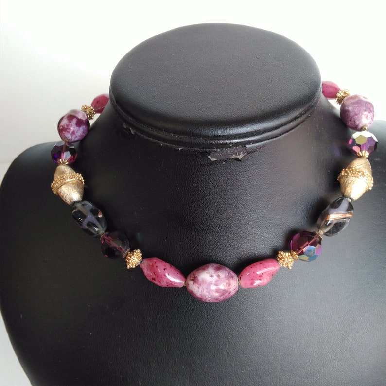 Trifari Colorful Bead Necklace Crown Trifari Vintage 1960s Necklace with Hues of Purple, Rose, and Gold, Signed Plus Metal Hang Tag image 8