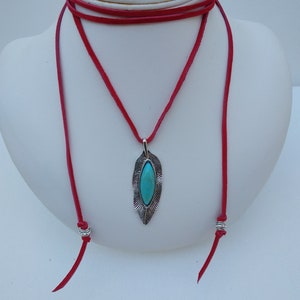 Feather Pendant on Suede Choker Necklace with Pewter Bead Accents Silver & Turquoise Color Feather Choice of Black, Red, Brown Suede image 8