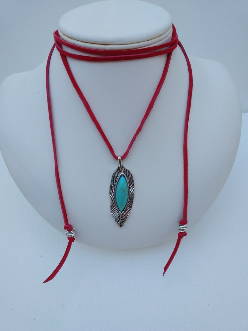 Feather Pendant on Suede Choker Necklace with Pewter Bead Accents Silver & Turquoise Color Feather Choice of Black, Red, Brown Suede image 8