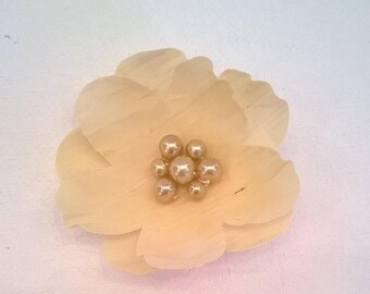 Ivory Silk Flower Brooch  - Silverplated Pinback - Handcrafted 100% Genuine Genuine Silk Floral Brooch with Ivory Glass Pearls Center